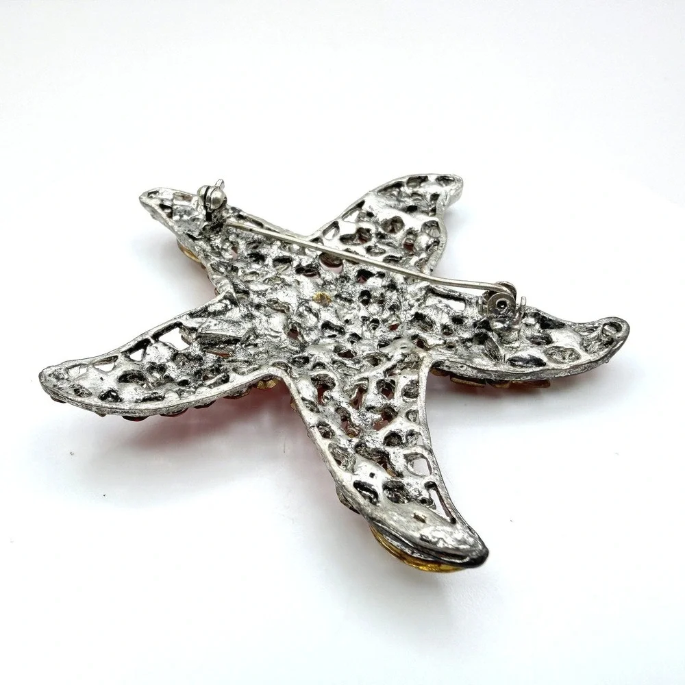 Vintage Red Yellow Rhinestones Silver-Tone‎ Aluminium Starfish-Shaped Brooch Pin
